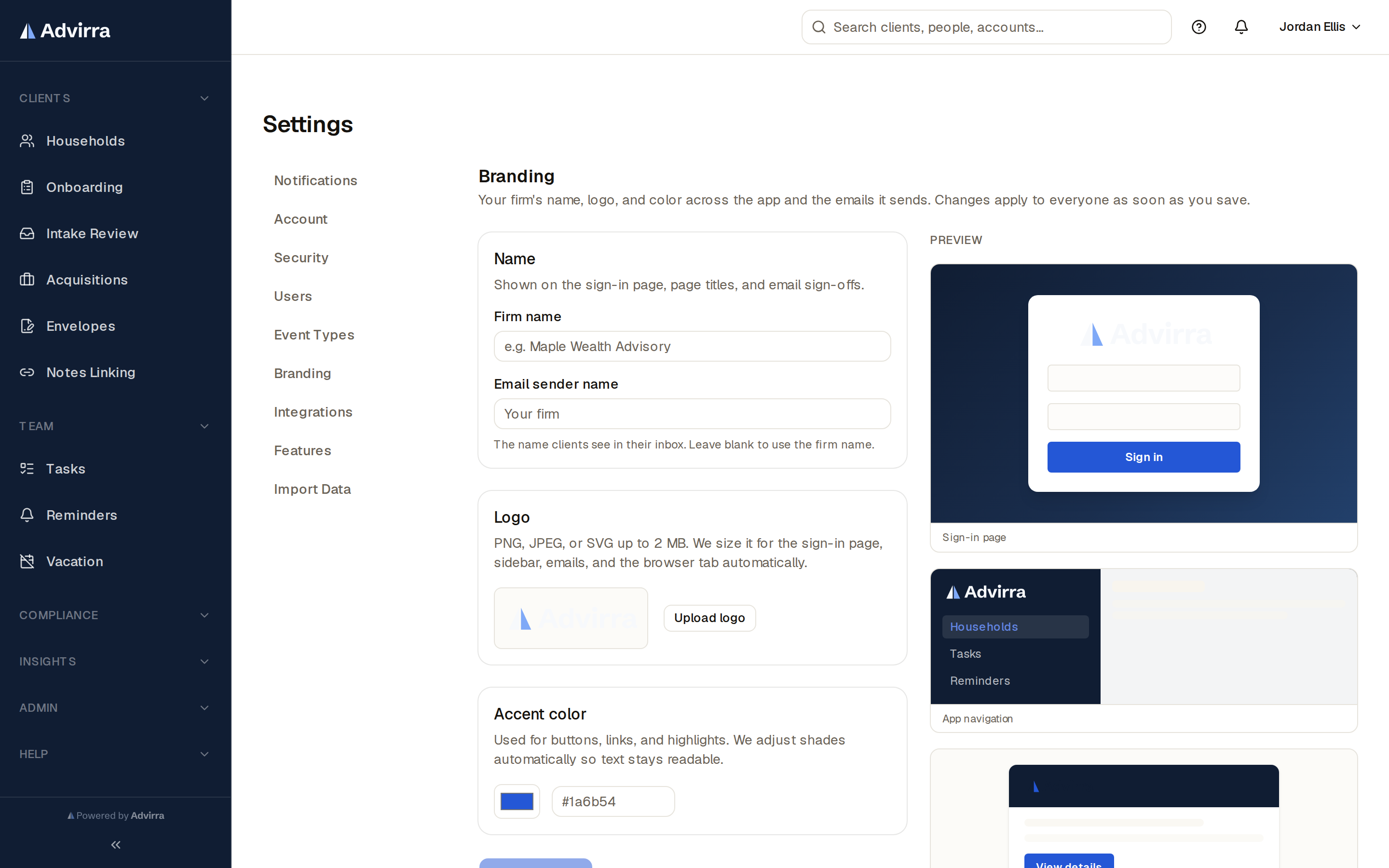 Branding settings — your logo, colours, and email identity applied across the CRM.