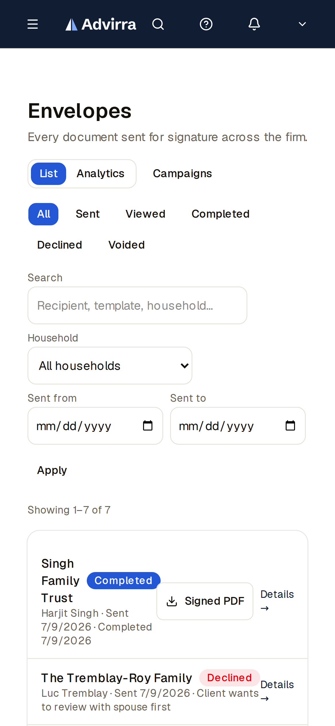 The envelopes page — every e-signature send, its status, and its history in one place. (mobile)