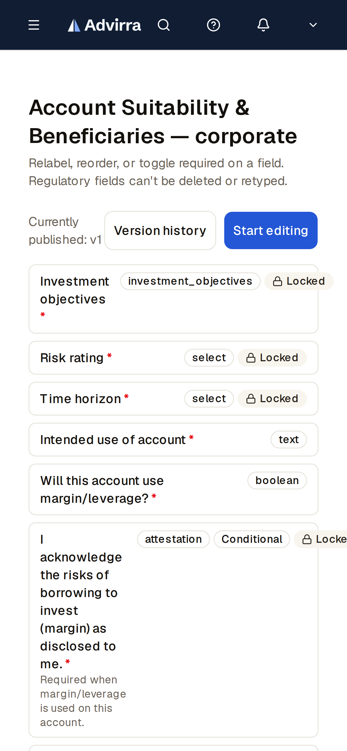 The form builder — edit, preview, and publish intake and custom forms without code. (mobile)