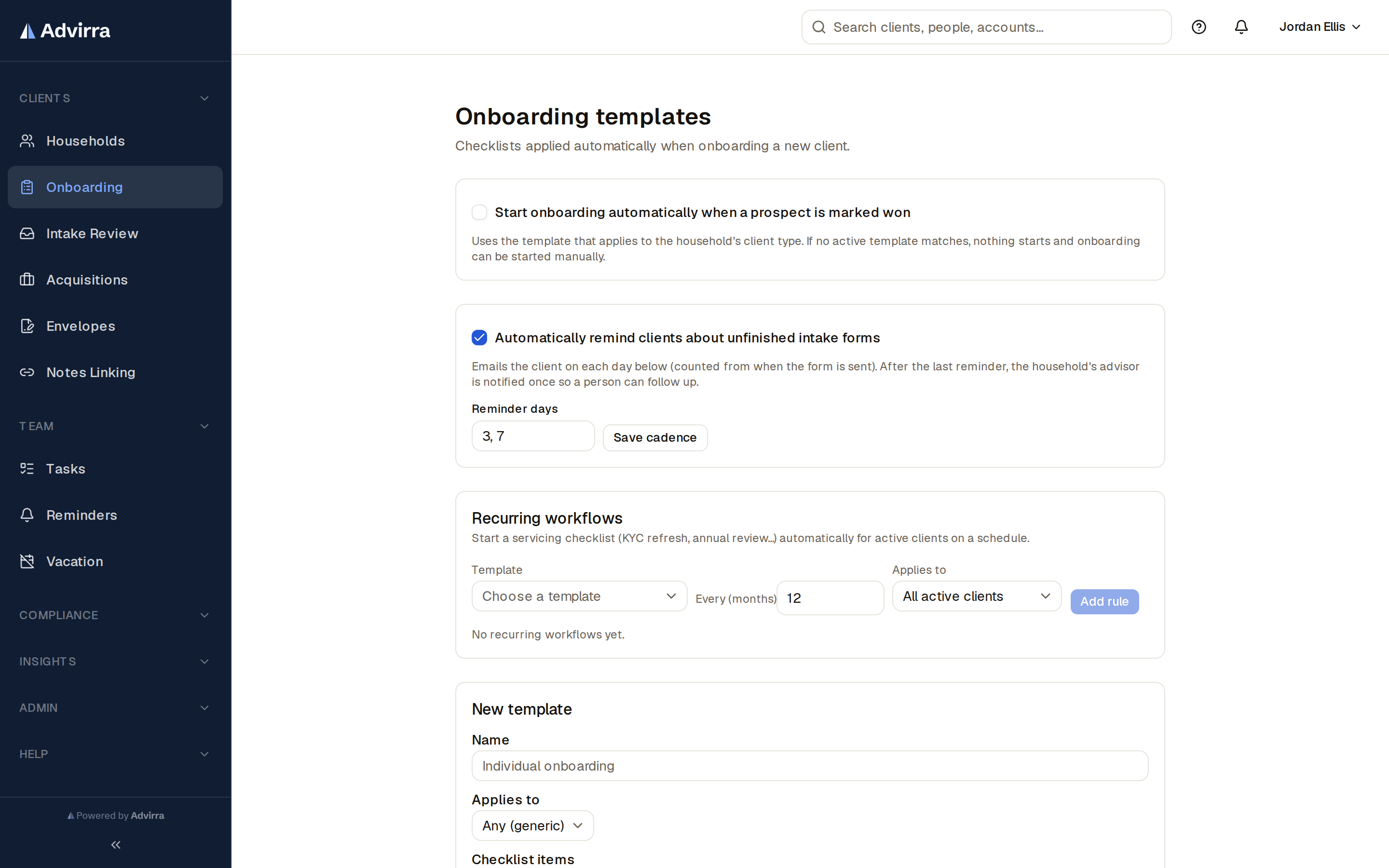 Onboarding templates — modules, due-date offsets, and default assignees per account and client type.