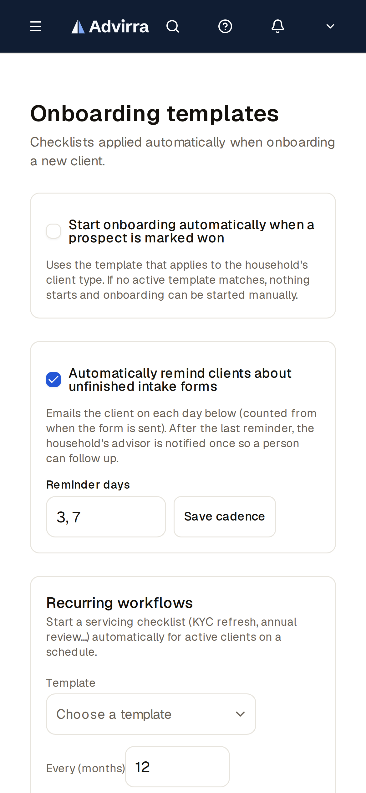 Onboarding templates — modules, due-date offsets, and default assignees per account and client type. (mobile)