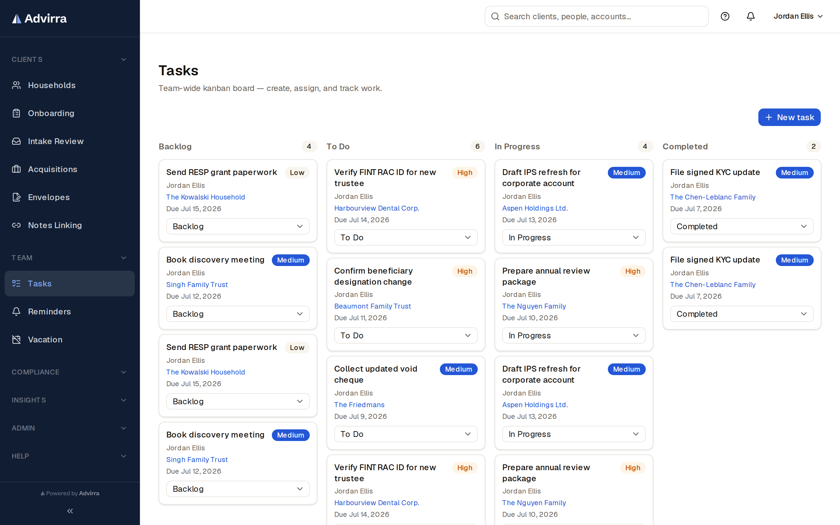 The practice task board — priorities, due dates, and household context in one place.