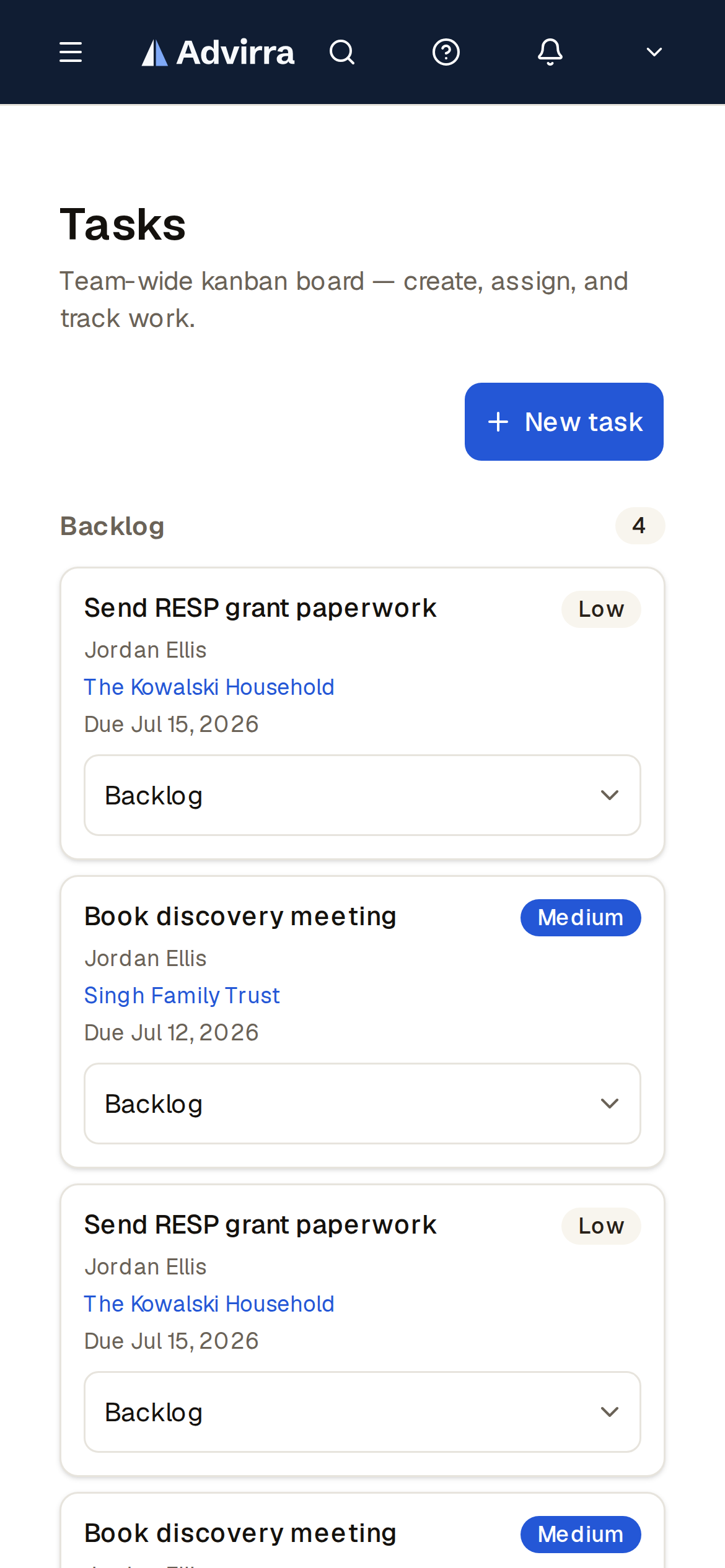 The practice task board — priorities, due dates, and household context in one place. (mobile)